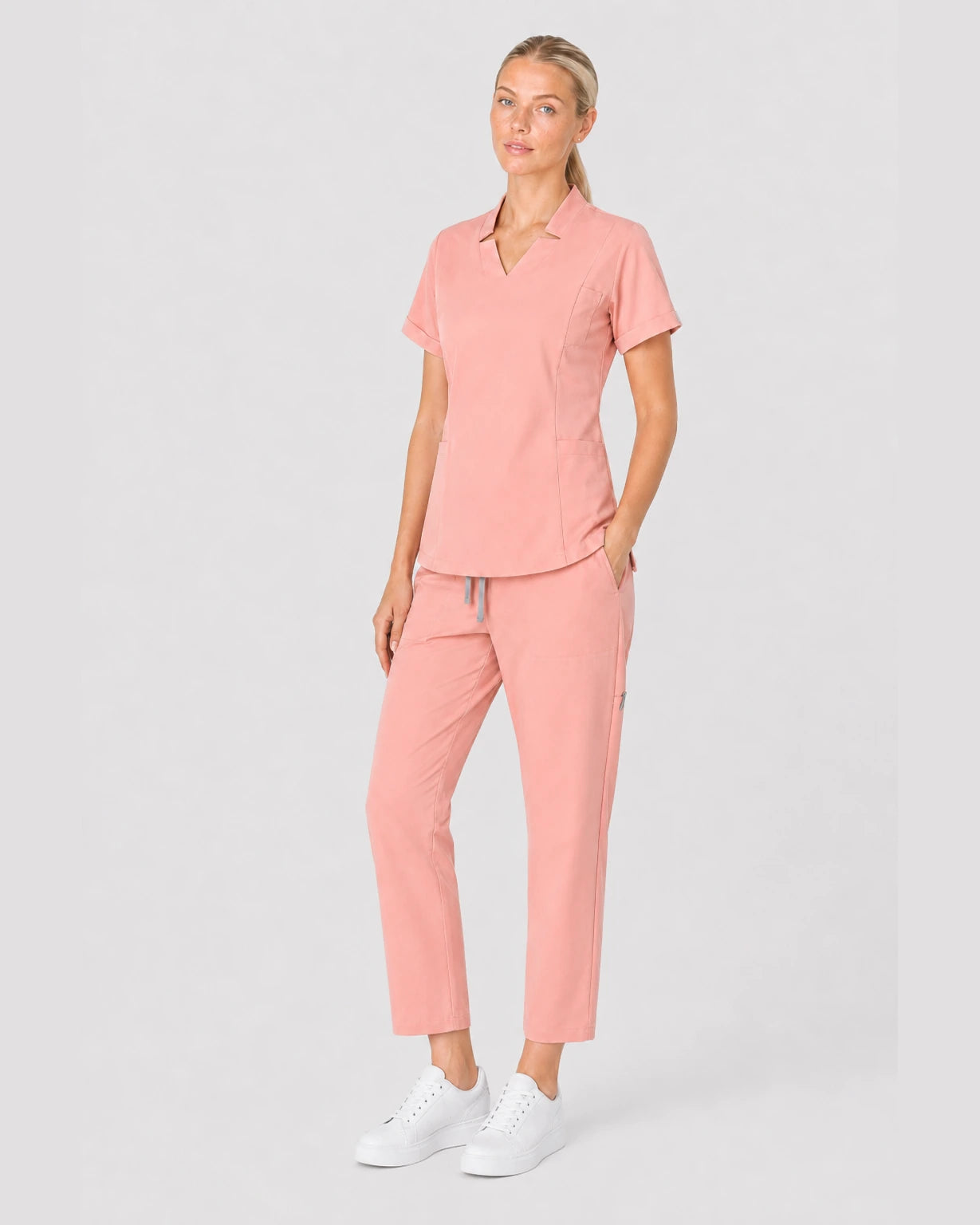 Pink Eipnare Women's V-Neck Split 9-Pocket Slim Fit Scrub Set - Stretch Medical Scrubs for Women