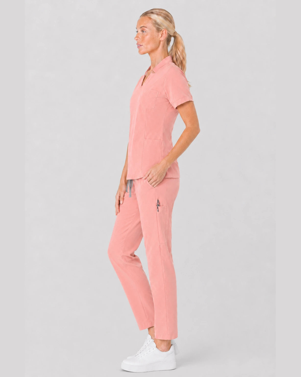 Pink Eipnare Women's V-Neck Split 9-Pocket Slim Fit Scrub Set - Stretch Medical Scrubs for Women