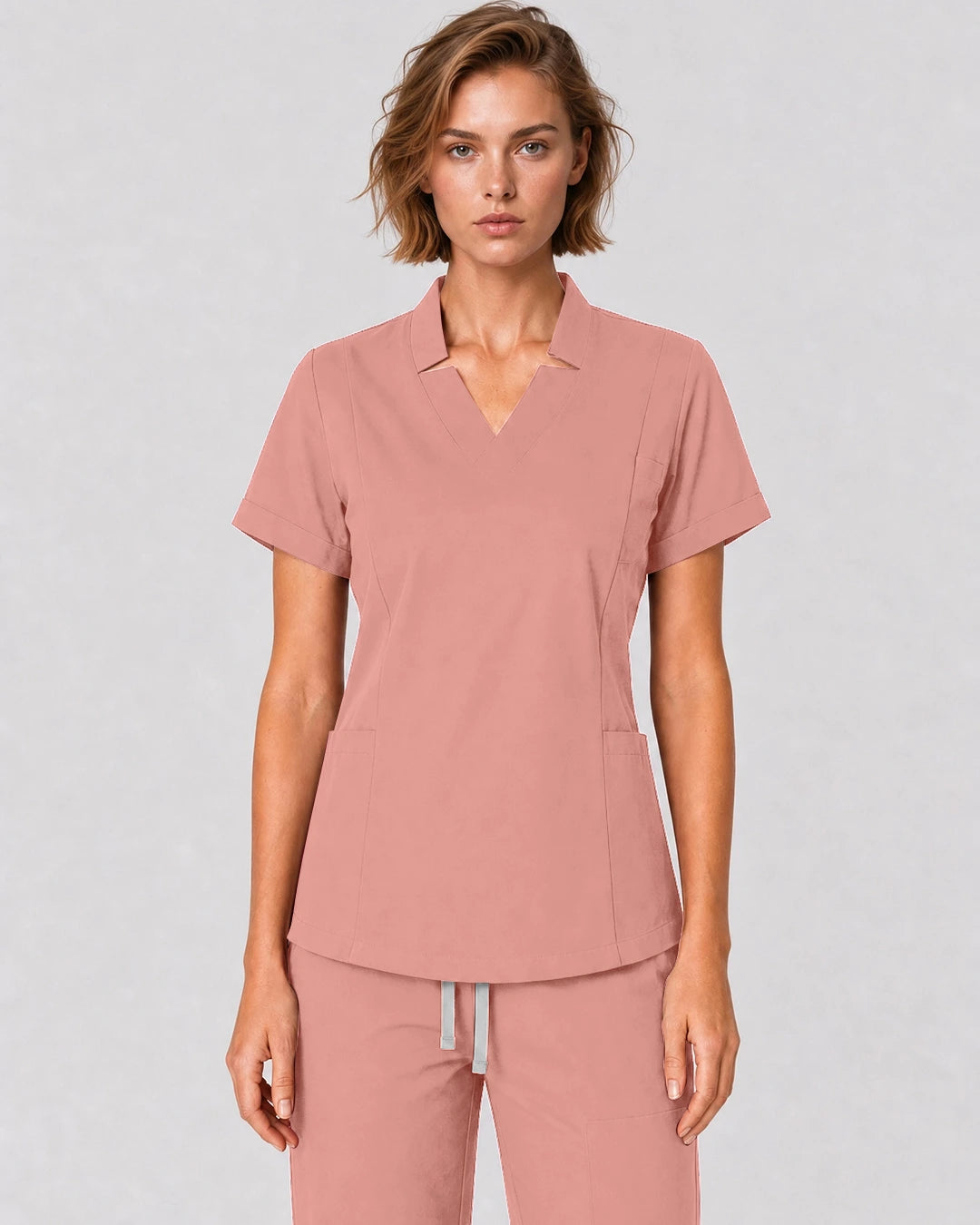 Pink Eipnare Women's Split V-Neck Tapered Scrub Set - Stretch Medical Scrubs for Women