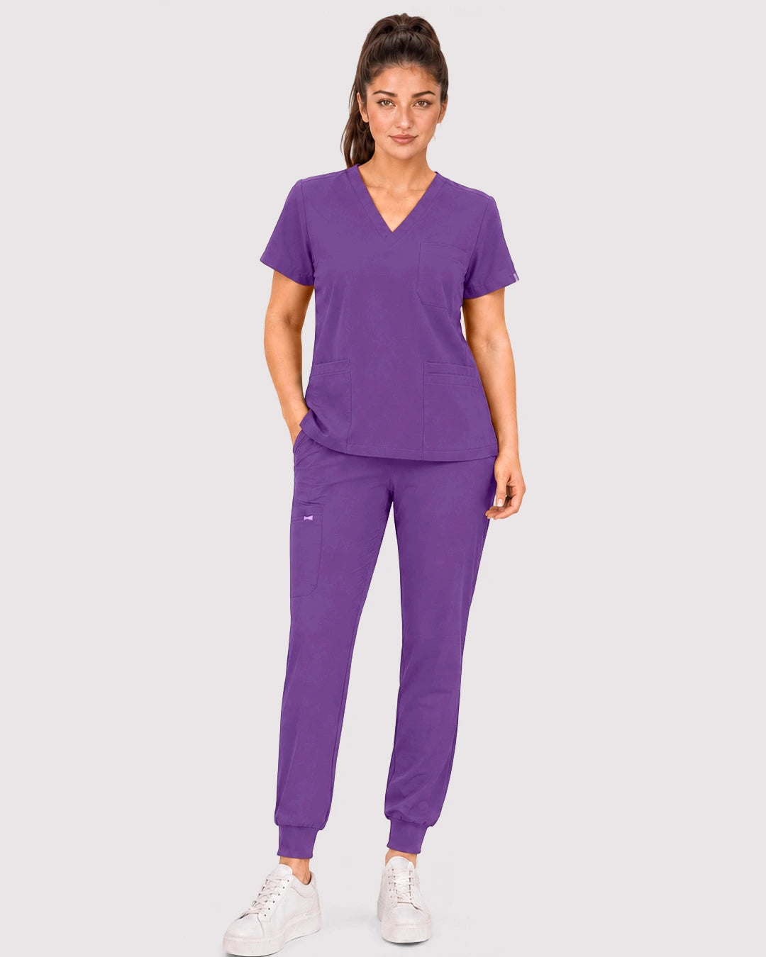 Purple Eipnare Women's 3-Pocket V-Neck Jogger Scrub Set - Stretch Medical Scrubs for Women