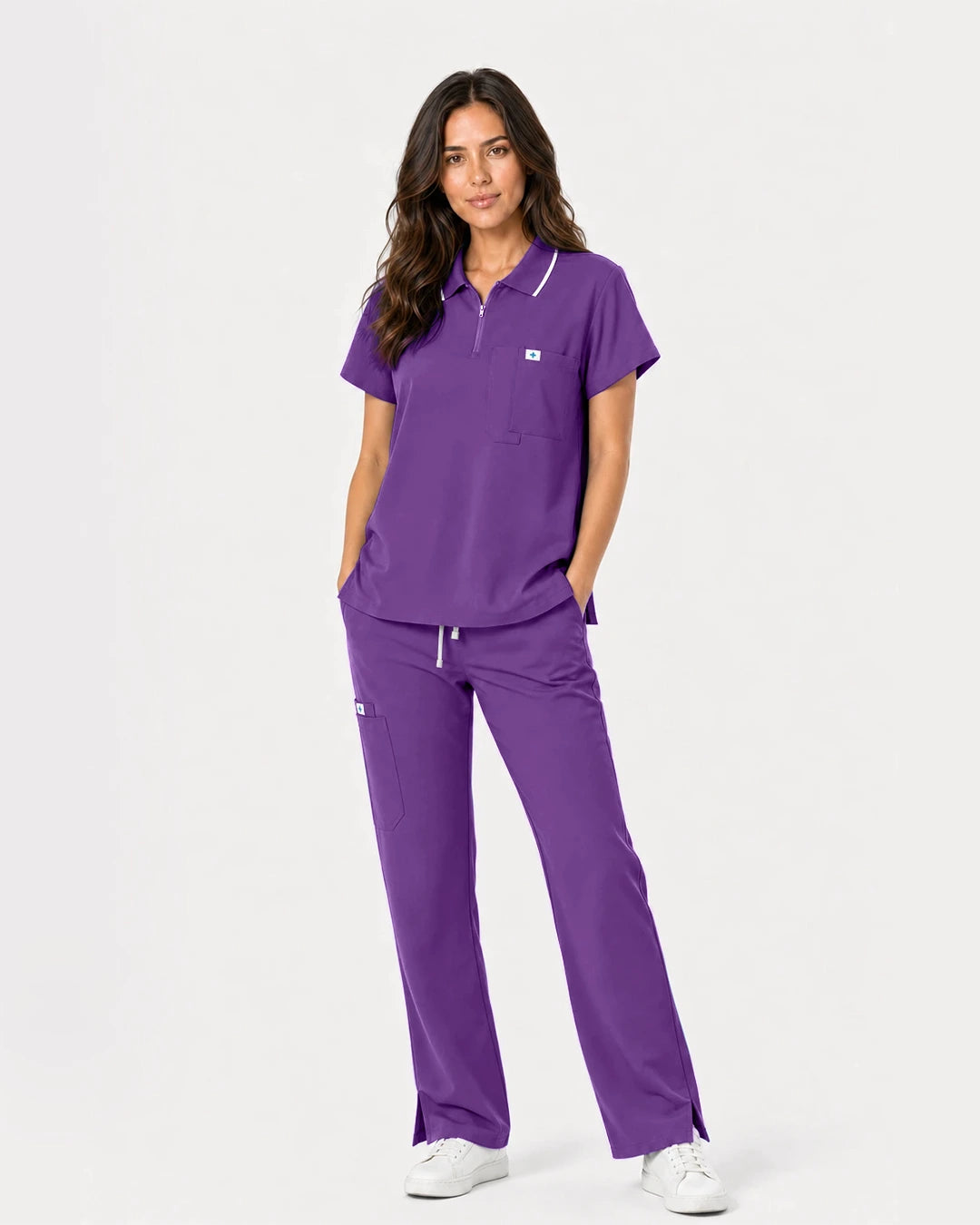 Purple Eipnare Women's Zip Polo Straight-Leg Scrub Set - Stretch Medical Scrubs for Women