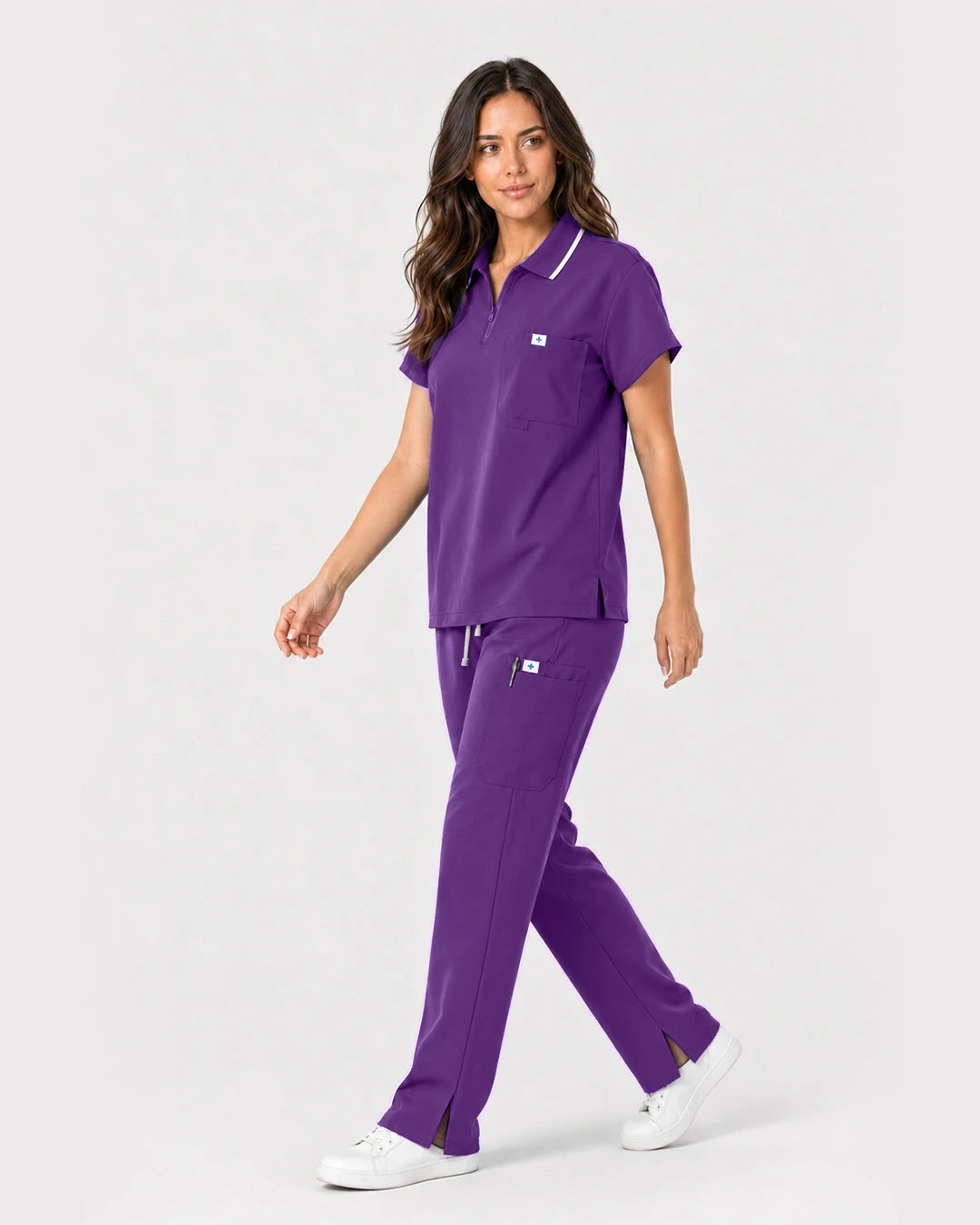 Purple Eipnare Women's Zip Polo Straight-Leg Scrub Set - Stretch Medical Scrubs for Women