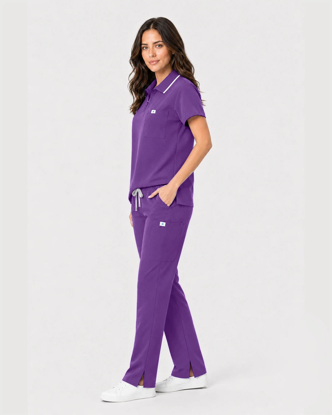 Purple Eipnare Women's Zip Polo Straight-Leg Scrub Set - Stretch Medical Scrubs for Women