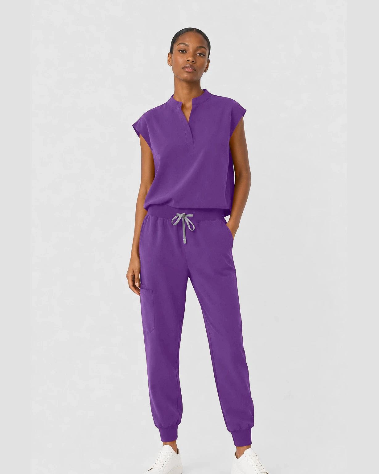 Purple Eipnare Women's Sleeveless Mandarin Collar Jogger Scrub Set - Stretch Medical Scrubs for Women