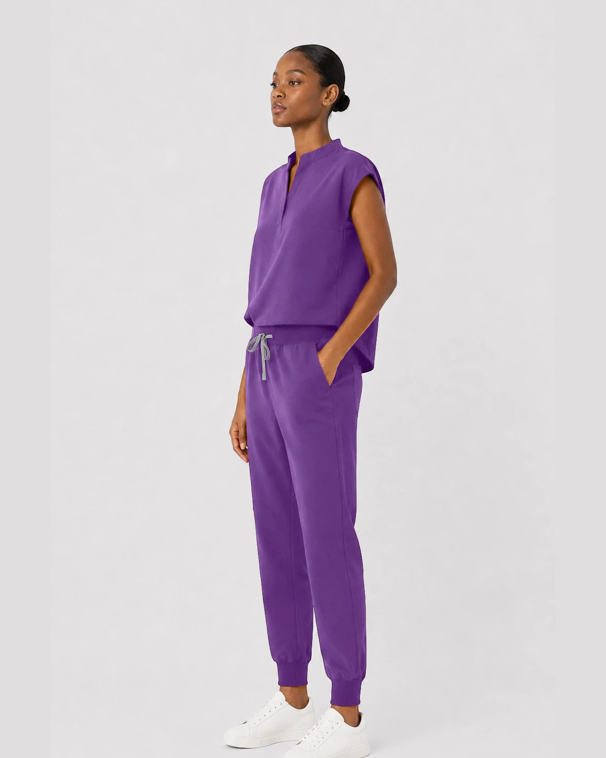 Purple Eipnare Women's Sleeveless Mandarin Collar Jogger Scrub Set - Stretch Medical Scrubs for Women