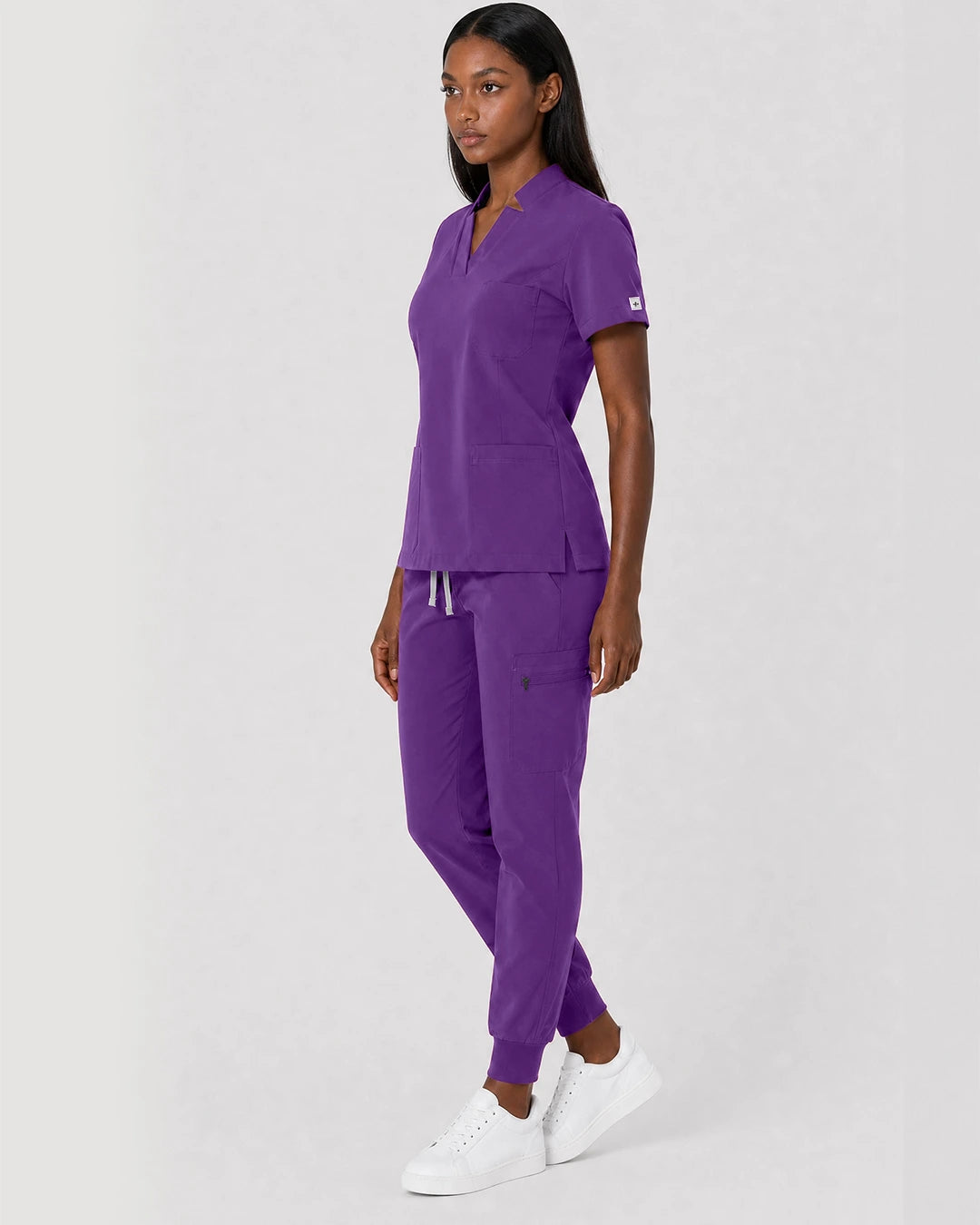 Purple Eipnare Women's Split V-Neck Cargo Jogger Scrub Set - Stretch Medical Scrubs for Women