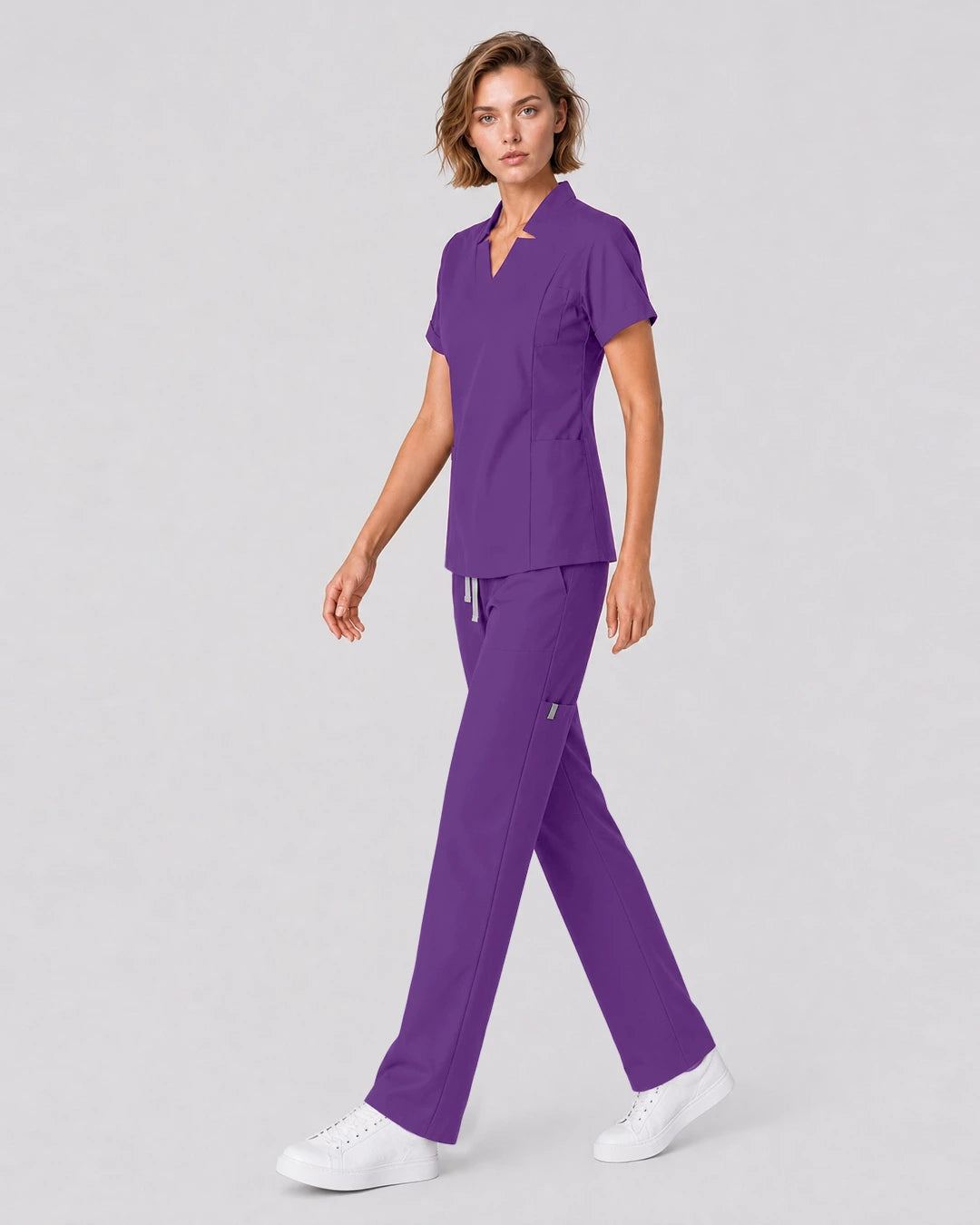 Purple Eipnare Women's Split V-Neck Tapered Scrub Set - Stretch Medical Scrubs for Women