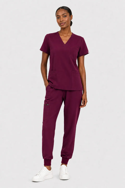 Eipnare Women's 3-Pocket V-Neck Jogger Scrub Set - Burgundy Red