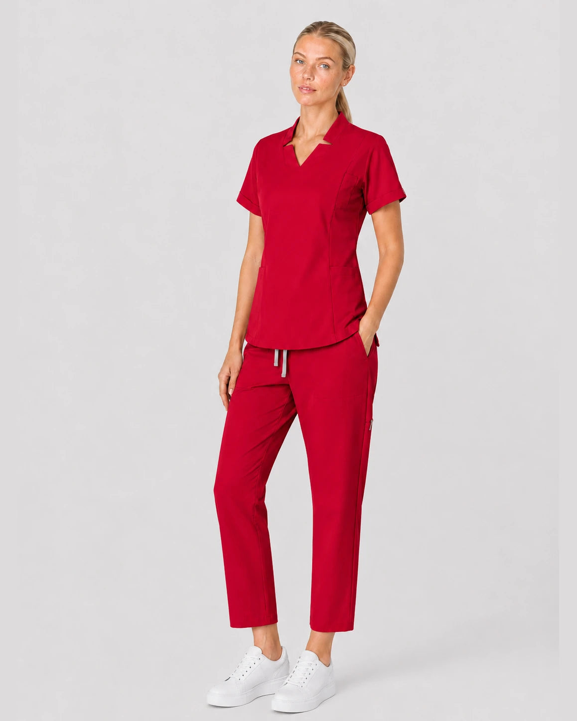Red Eipnare Women's V-Neck Split 9-Pocket Slim Fit Scrub Set - Stretch Medical Scrubs for Women