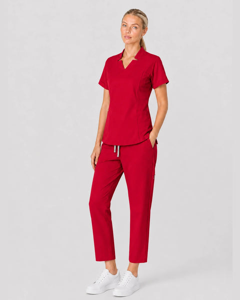 Eipnare Women's Split V-Neck Tapered Scrub Set - Red