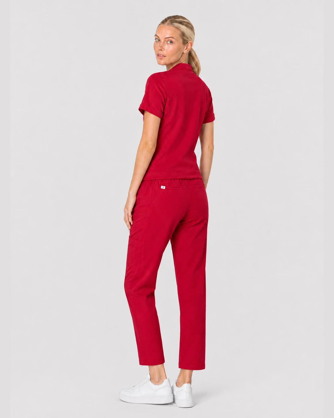 Red Eipnare Women's V-Neck Split 9-Pocket Slim Fit Scrub Set - Stretch Medical Scrubs for Women