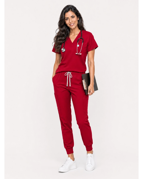 Eipnare Women's Classic V-Neck Jogger Scrub Set - Red