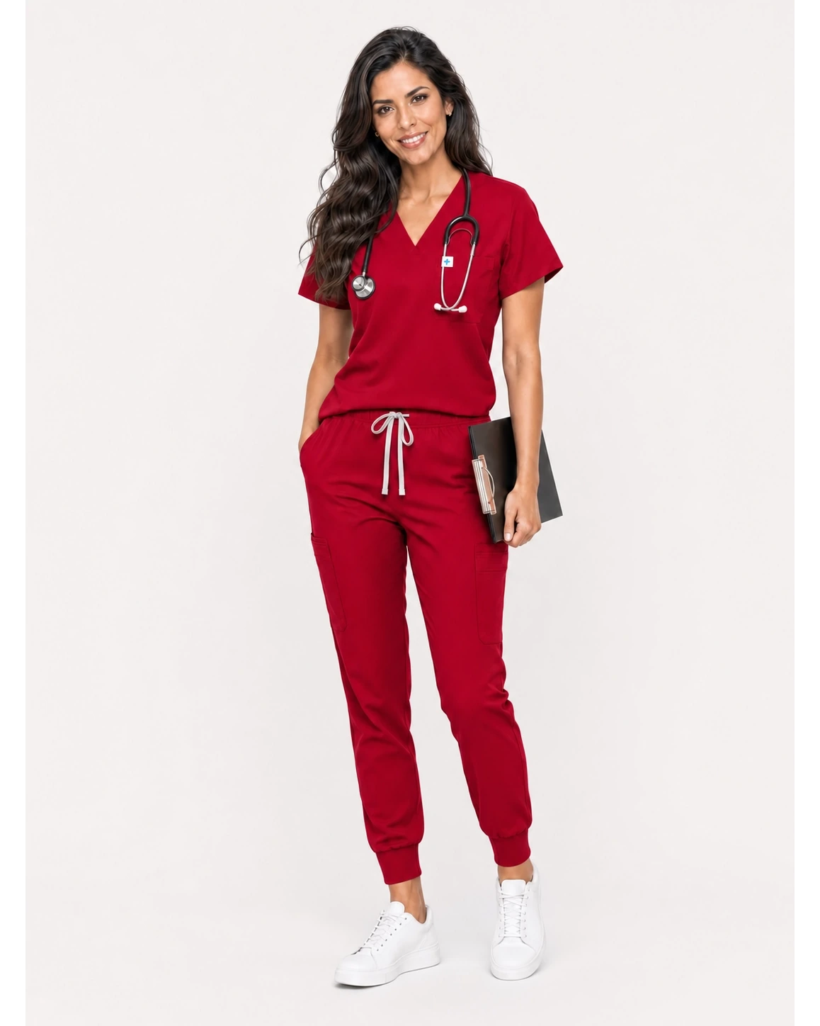 Red Eipnare Women's V-Neck Jogger Scrub Set - Stretch Medical Scrubs for Women
