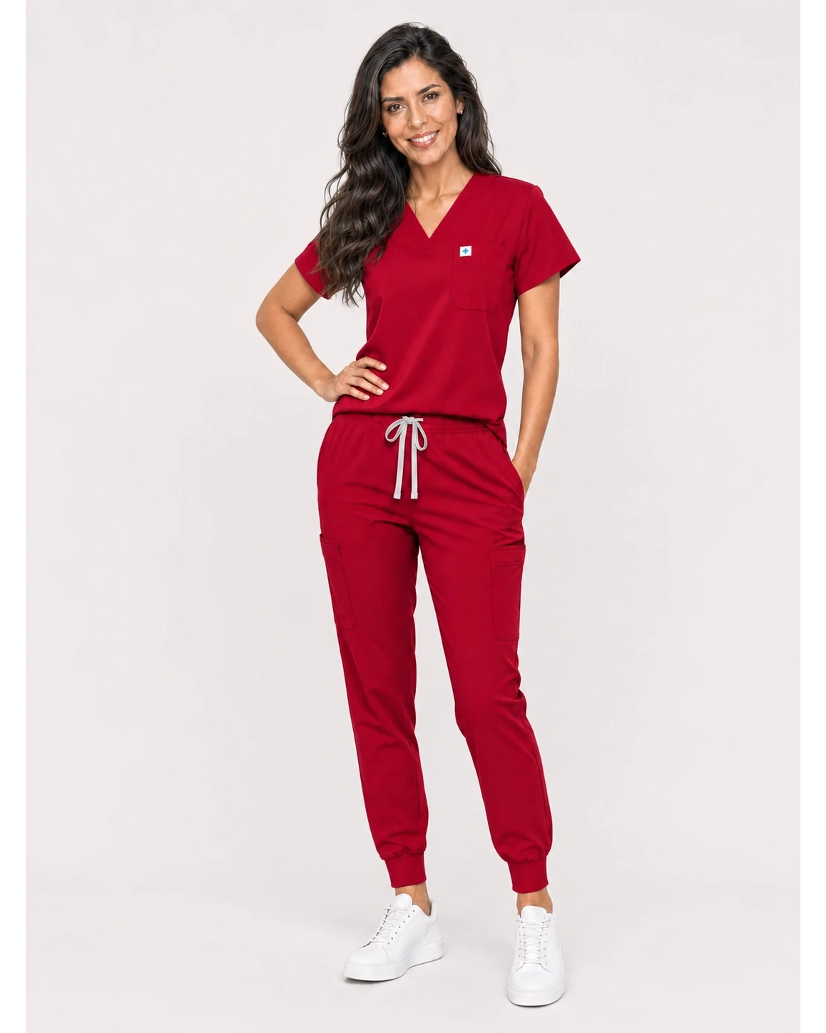 Red Eipnare Women's V-Neck Jogger Scrub Set - Stretch Medical Scrubs for Women