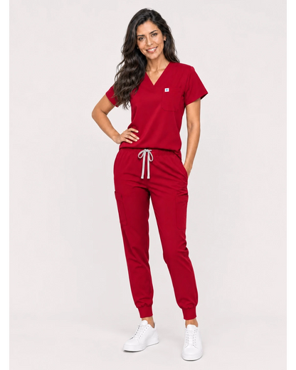 Red Eipnare Women's V-Neck Jogger Scrub Set - Stretch Medical Scrubs for Women