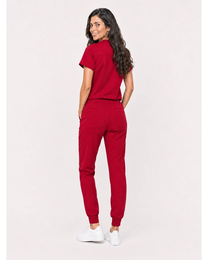 Red Eipnare Women's V-Neck Jogger Scrub Set - Stretch Medical Scrubs for Women