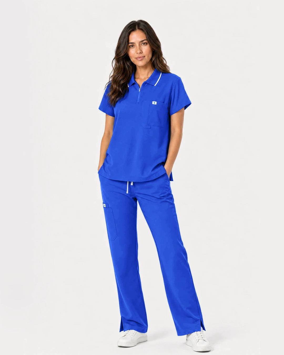 Royal Blue Eipnare Women's Zip Polo Straight-Leg Scrub Set - Stretch Medical Scrubs for Women