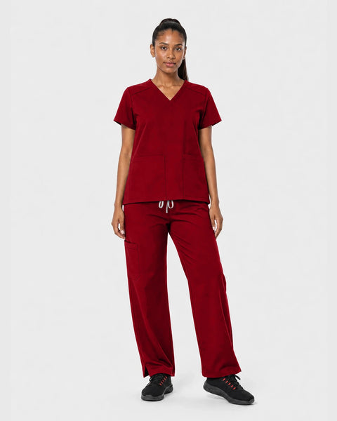 Eipnare Women's Woven V-Neck Straight-Leg Scrub Set - Wine Red