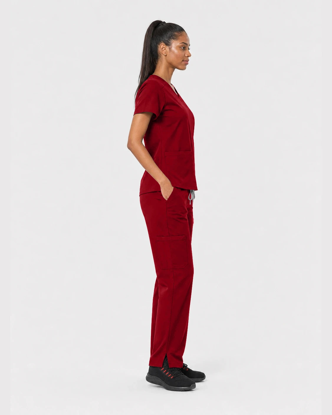 Wine Red Eipnare Women's 15-Pocket V-Neck Jogger Scrub Set - Stretch Medical Scrubs for Women