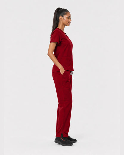 Wine Red Eipnare Women's 15-Pocket V-Neck Jogger Scrub Set - Stretch Medical Scrubs for Women