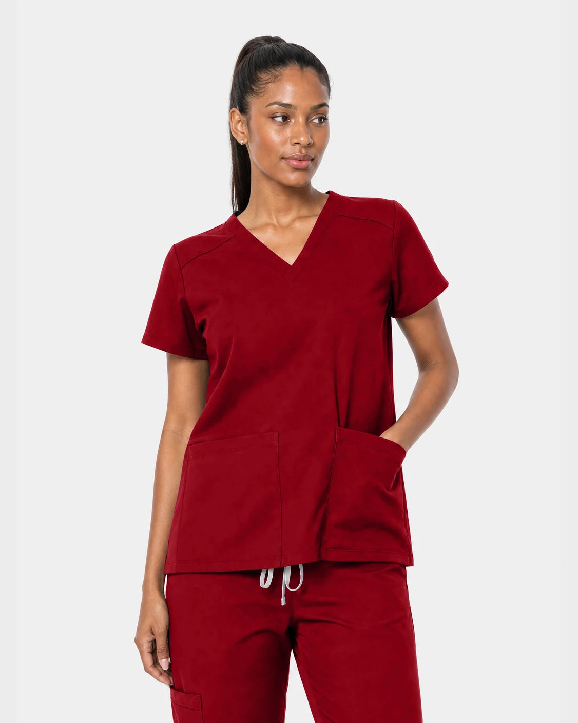 Wine Red Eipnare Women's 15-Pocket V-Neck Jogger Scrub Set - Stretch Medical Scrubs for Women
