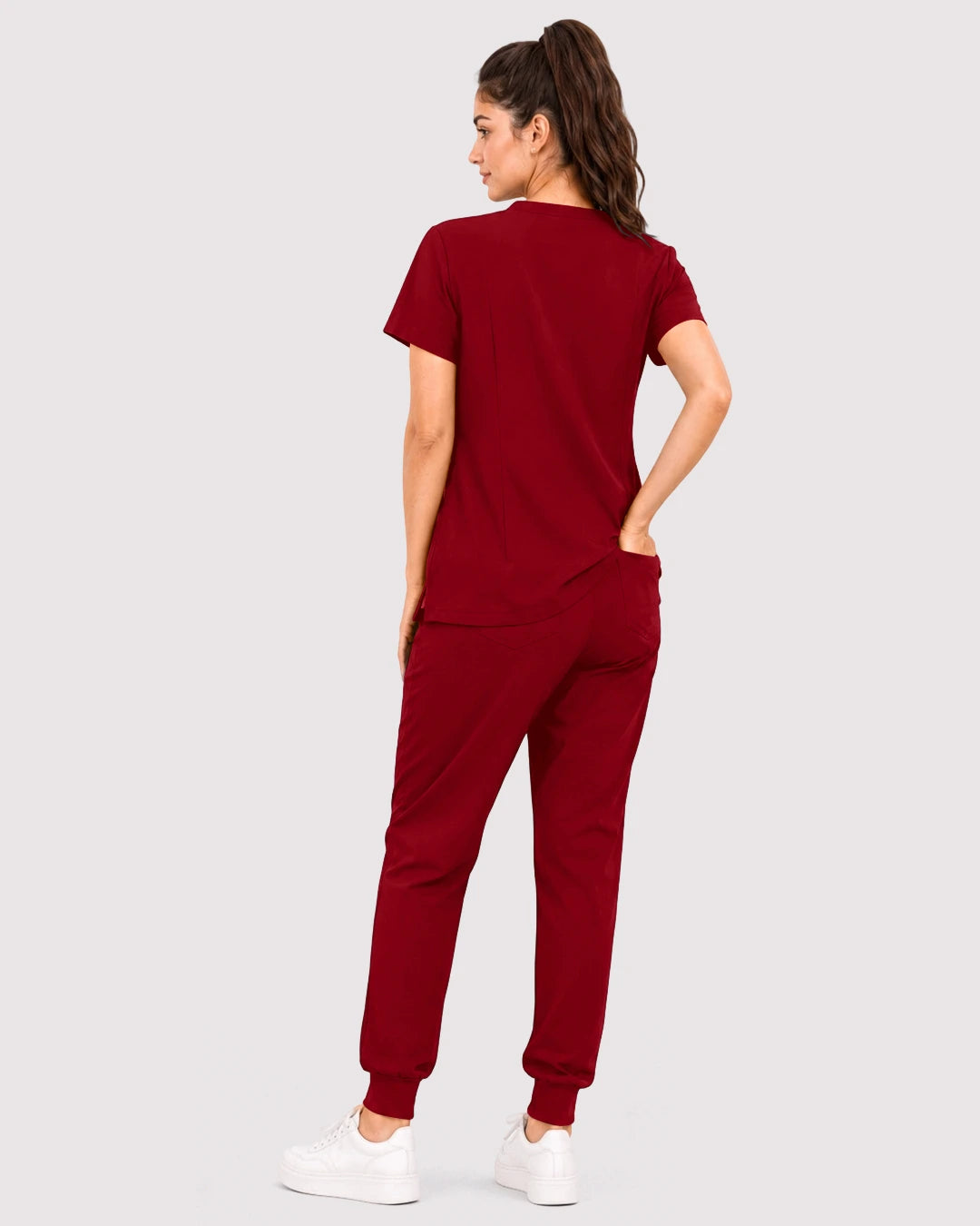 Wine Red Eipnare Women's 3-Pocket V-Neck Jogger Scrub Set - Stretch Medical Scrubs for Women