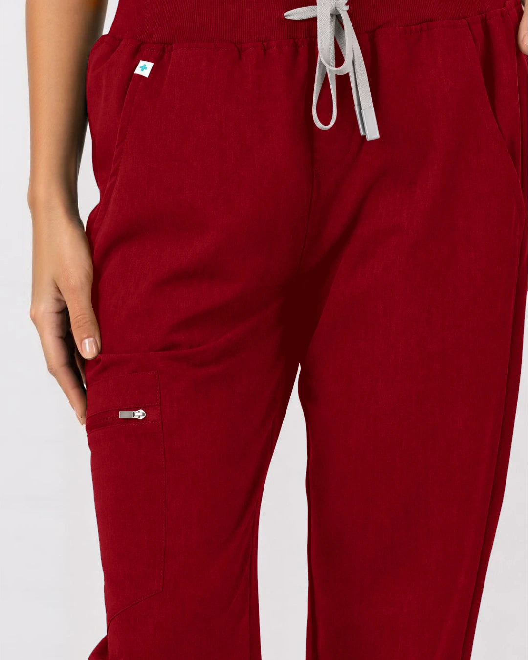 Wine Red Eipnare Women's 3-Pocket V-Neck Jogger Scrub Set - Stretch Medical Scrubs for Women