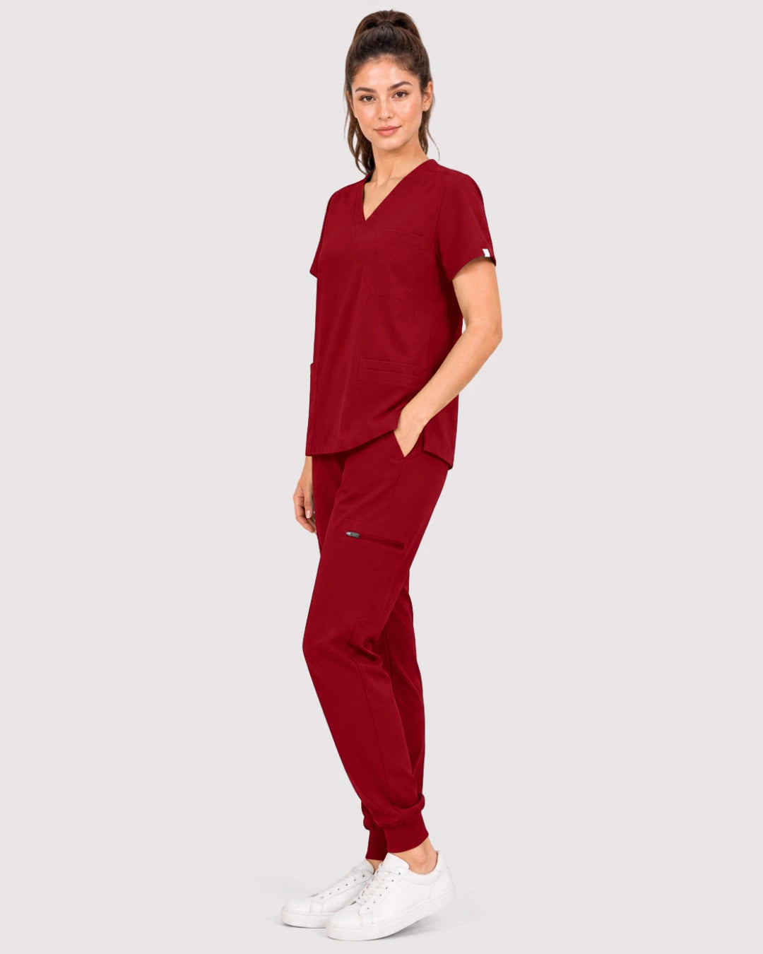 Wine Red Eipnare Women's 3-Pocket V-Neck Jogger Scrub Set - Stretch Medical Scrubs for Women