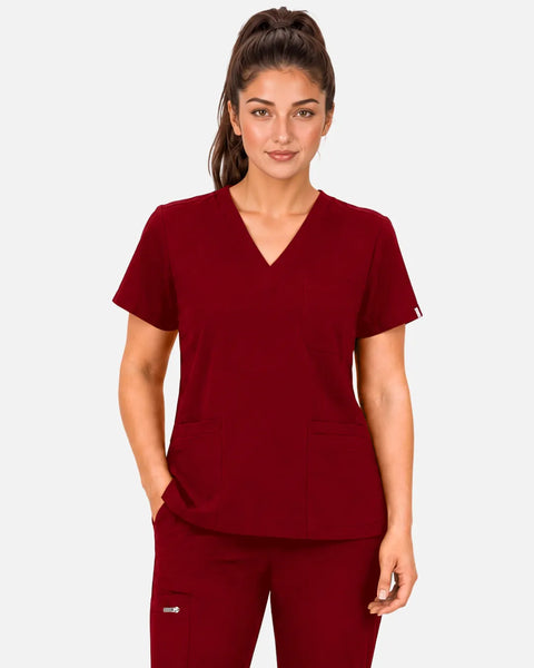 Eipnare Women's 3-Pocket V-Neck Uniform Top - Wine Red