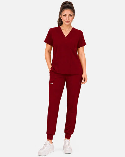 Wine Red Eipnare Women's 3-Pocket V-Neck Scrub Top - Stretch Medical Scrubs for Women