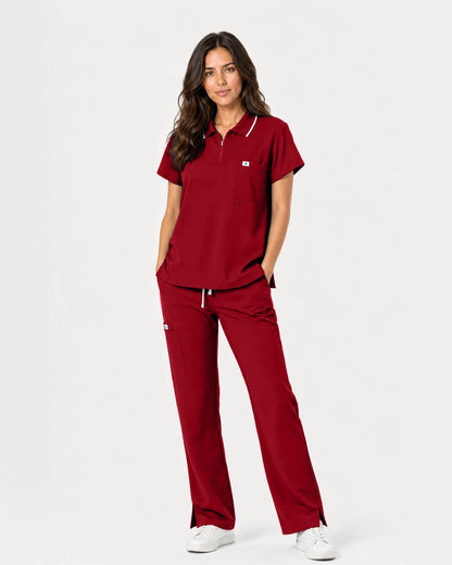 Wine Red Eipnare Women's Zip Polo Straight-Leg Scrub Set - Stretch Medical Scrubs for Women