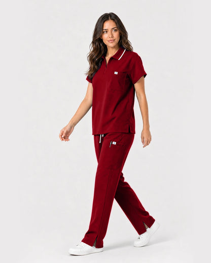 Wine Red Eipnare Women's Zip Polo Straight-Leg Scrub Set - Stretch Medical Scrubs for Women