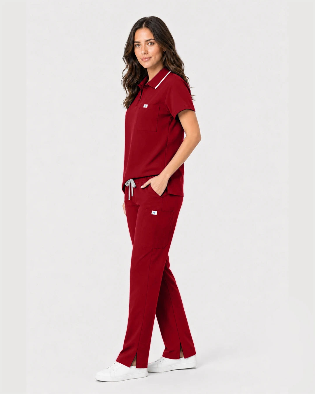 Wine Red Eipnare Women's Zip Polo Straight-Leg Scrub Set - Stretch Medical Scrubs for Women