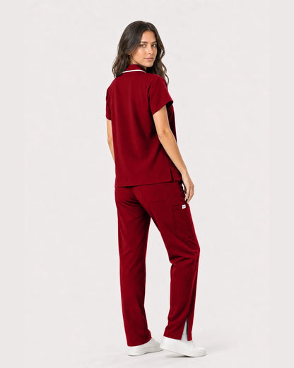 Wine Red Eipnare Women's Zip Polo Straight-Leg Scrub Set - Stretch Medical Scrubs for Women