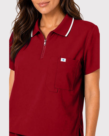 Wine Red Eipnare Women's Zip Polo Straight-Leg Scrub Set - Stretch Medical Scrubs for Women