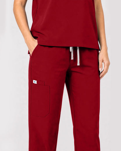 Wine Red Eipnare Women's Zip Polo Straight-Leg Scrub Set - Stretch Medical Scrubs for Women