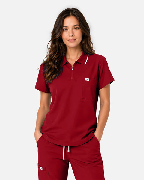 Eipnare Women's Polo-Collar Uniform Top - Wine Red