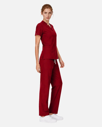 Wine Red Eipnare Women's Split V-Neck Tapered Scrub Set - Stretch Medical Scrubs for Women