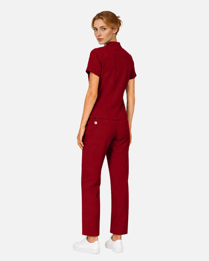 Wine Red Eipnare Women's Split V-Neck Tapered Scrub Set - Stretch Medical Scrubs for Women