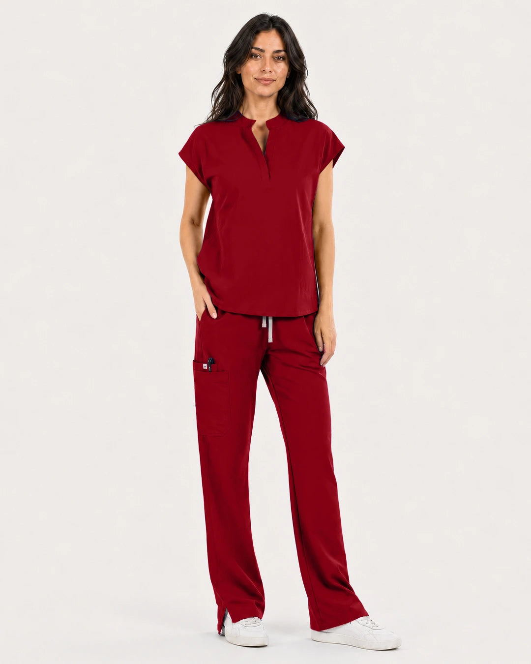 Wine Red Eipnare Women's Mandarin Sleeveless Straight-Leg Scrub Set - Stretch Medical Scrubs for Women