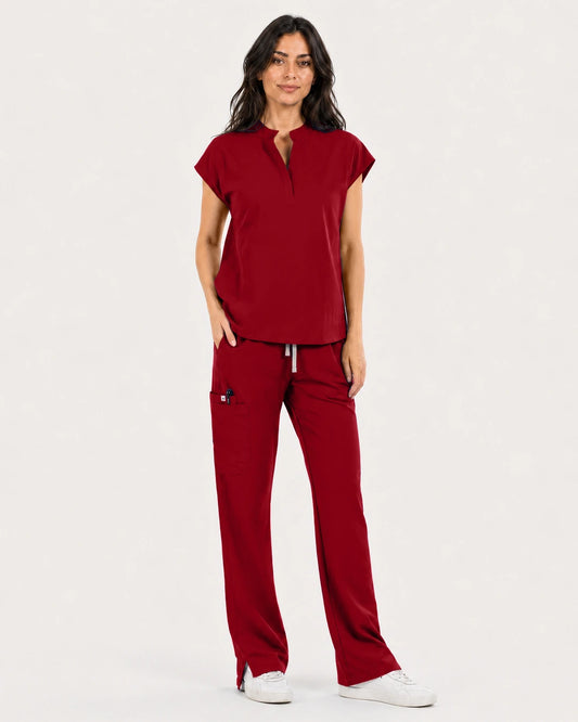 Wine Red Eipnare Women's Mandarin Sleeveless Straight-Leg Scrub Set - Stretch Medical Scrubs for Women