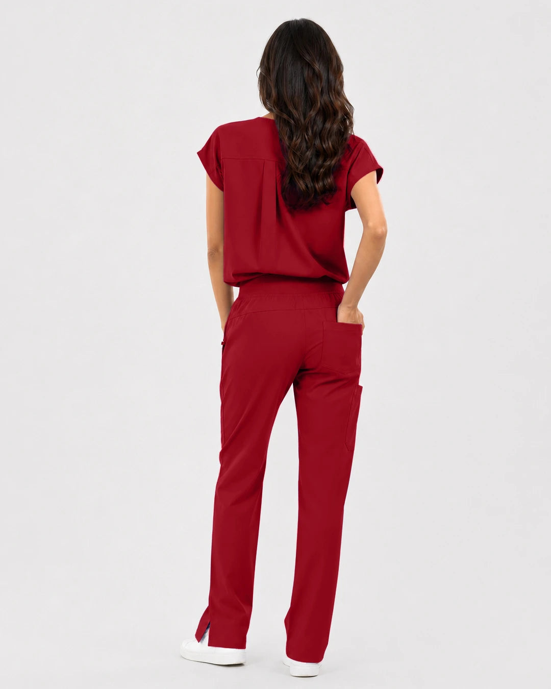 Wine Red Eipnare Women's Mandarin Sleeveless Straight-Leg Scrub Set - Stretch Medical Scrubs for Women