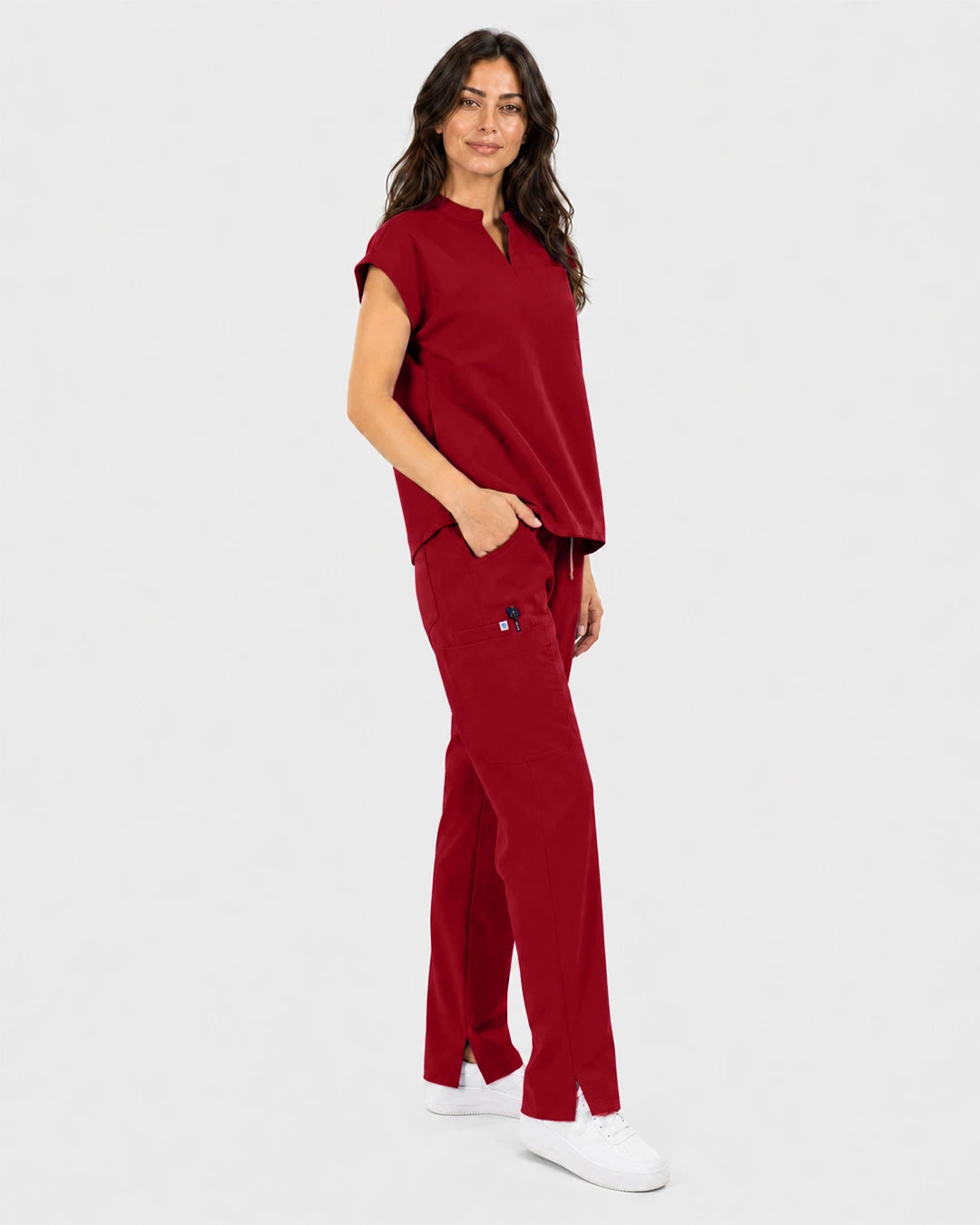 Wine Red Eipnare Women's Mandarin Sleeveless Straight-Leg Scrub Set - Stretch Medical Scrubs for Women