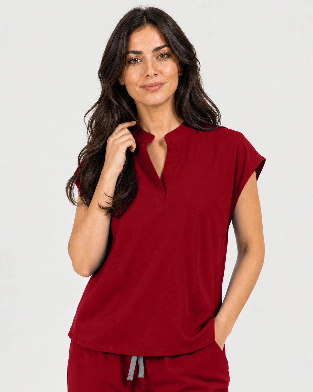 Wine Red Eipnare Women's Mandarin Sleeveless Straight-Leg Scrub Set - Stretch Medical Scrubs for Women