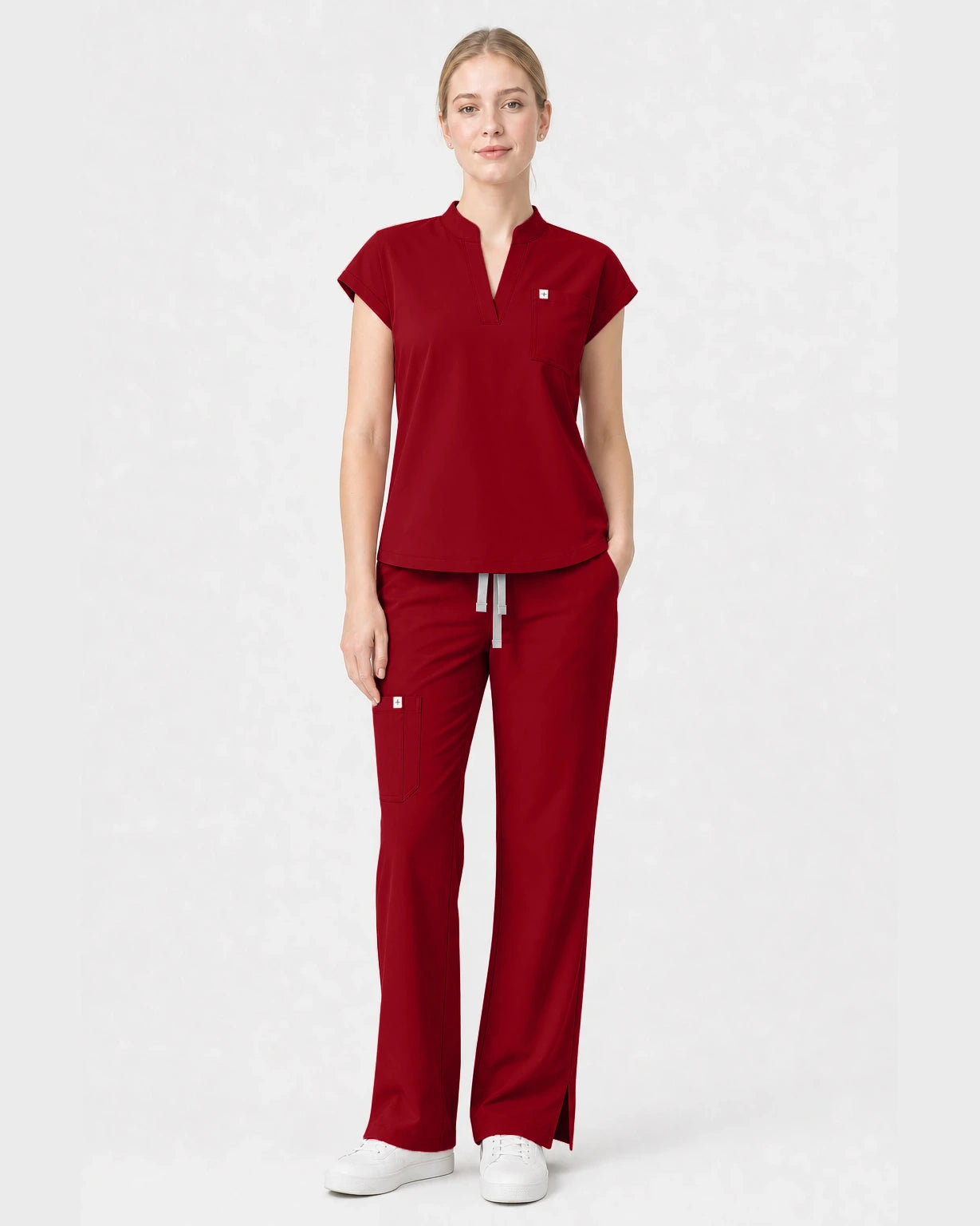 Wine Red Eipnare Women's Henley Sleeveless Straight-Leg Scrub Set - Stretch Medical Scrubs for Women