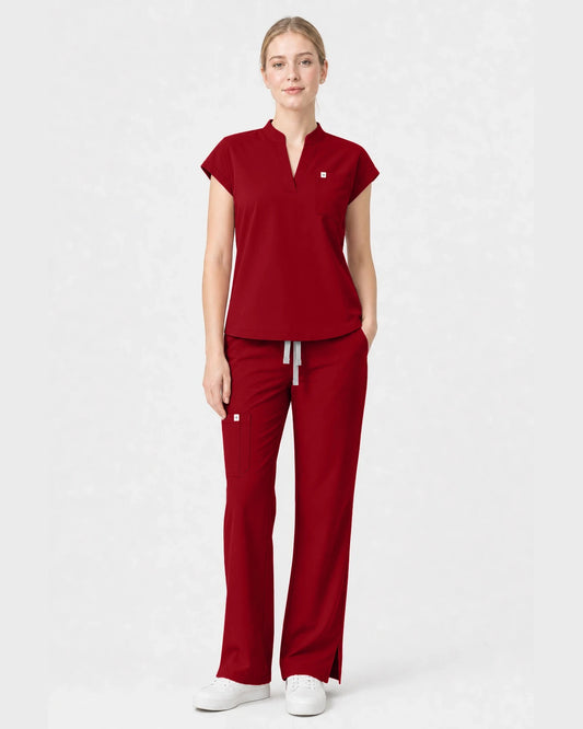 Wine Red Eipnare Women's Henley Sleeveless Straight-Leg Scrub Set - Stretch Medical Scrubs for Women
