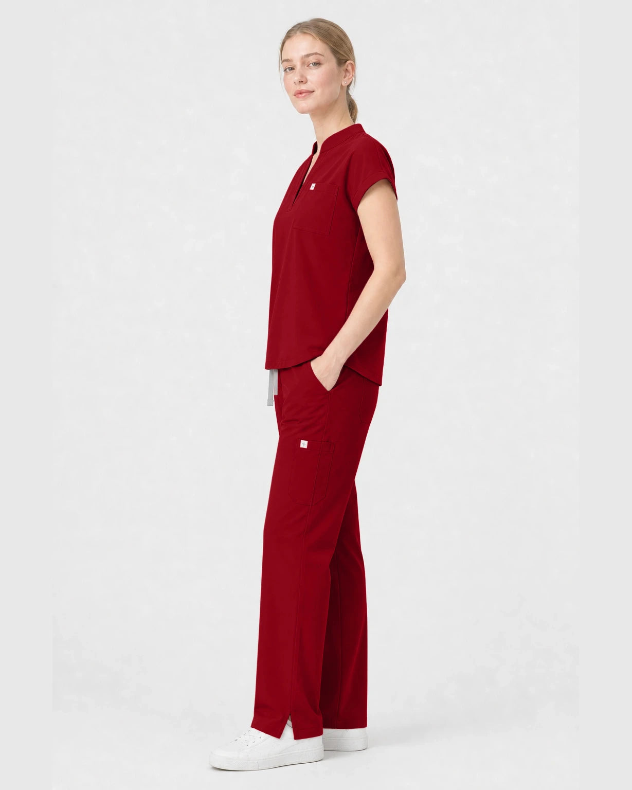 Wine Red Eipnare Women's Henley Sleeveless Straight-Leg Scrub Set - Stretch Medical Scrubs for Women
