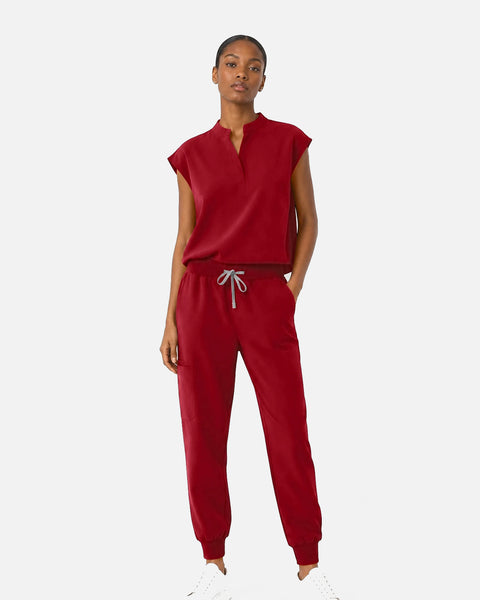 Eipnare Women's Sleeveless Mandarin Collar Jogger Uniform Set - Wine Red