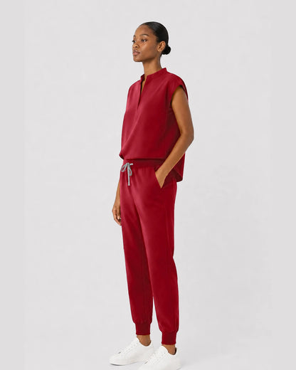 Wine Red Eipnare Women's Sleeveless Mandarin Collar Jogger Scrub Set - Stretch Medical Scrubs for Women