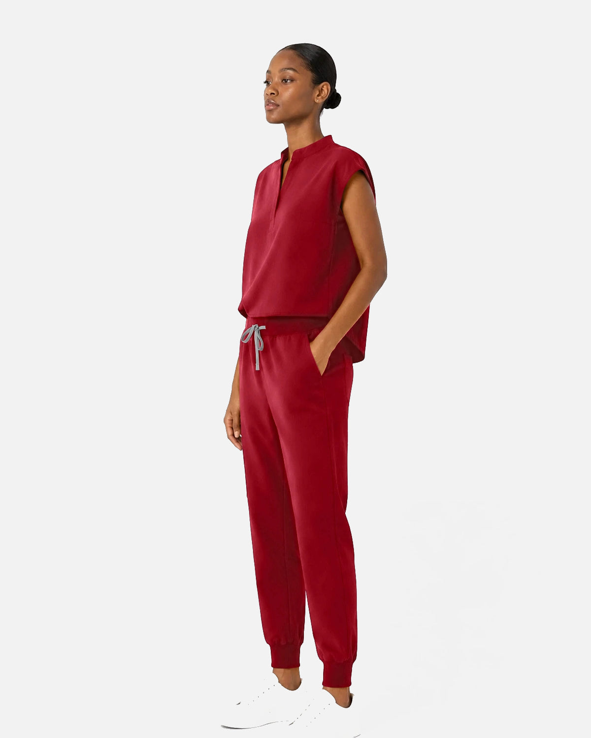 Wine Red – Eipnare Women's Sleeveless Mandarin Collar Jogger Uniform Set – product image 02
